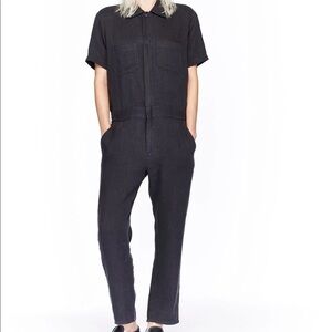 6397 Short Sleeve Long Utility Zip Up Elastic Waist Jumpsuit Gray Sz Small